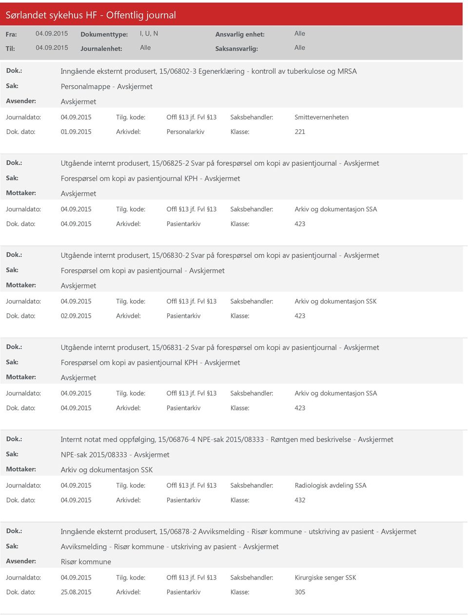 dato: Arkivdel: Pasientarkiv Utgående internt produsert, 15/06830-2 Svar på forespørsel om kopi av pasientjournal - Forespørsel om kopi av pasientjournal - Dok. dato: 02.09.