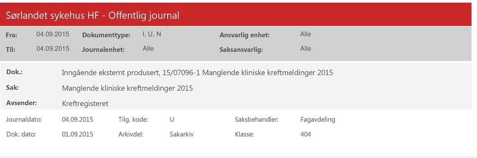 kliniske kreftmeldinger 2015 Kreftregisteret U