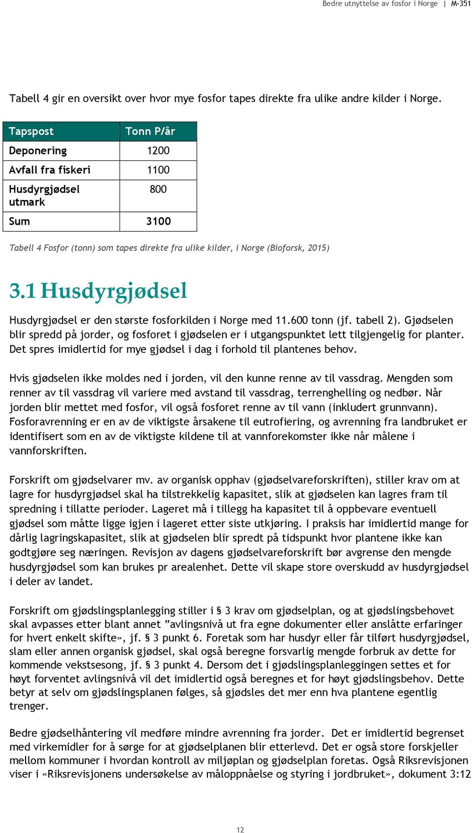 1 Husdyrgjødsel Husdyrgjødsel er den største fosforkilden i Norge med 11.600 tonn (jf. tabell 2).