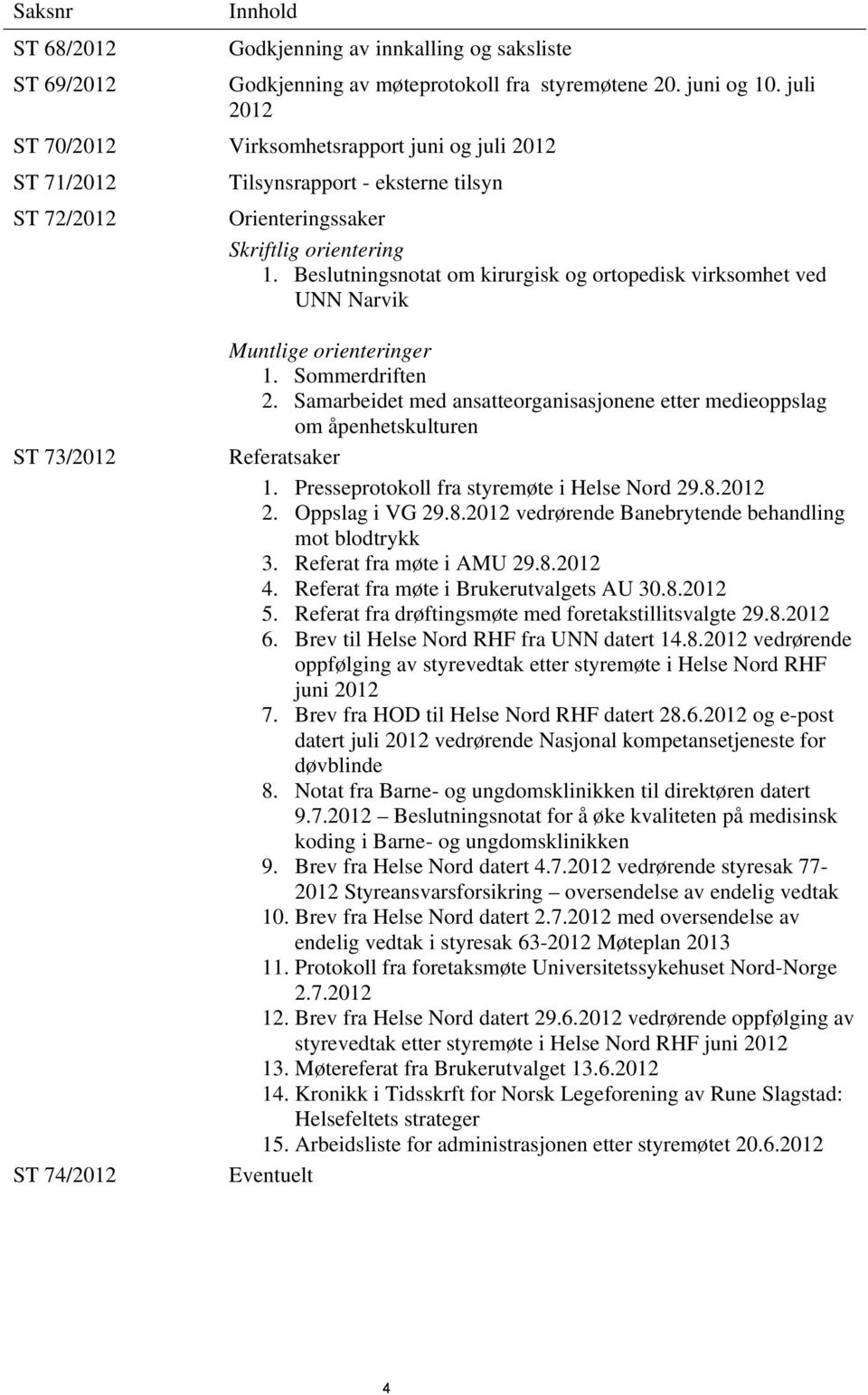 Beslutningsnotat om kirurgisk og ortopedisk virksomhet ved UNN Narvik ST 73/2012 ST 74/2012 Muntlige orienteringer 1. Sommerdriften 2.