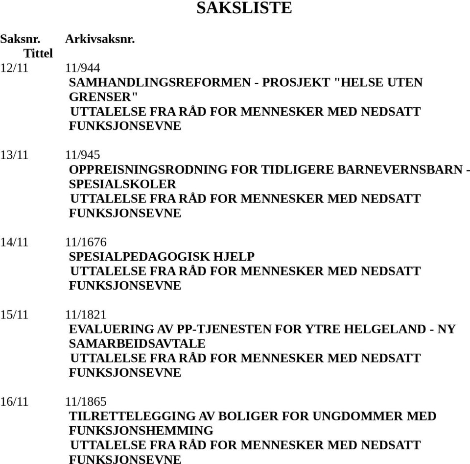 OPPREISNINGSRODNING FOR TIDLIGERE BARNEVERNSBARN - SPESIALSKOLER 14/11 11/1676