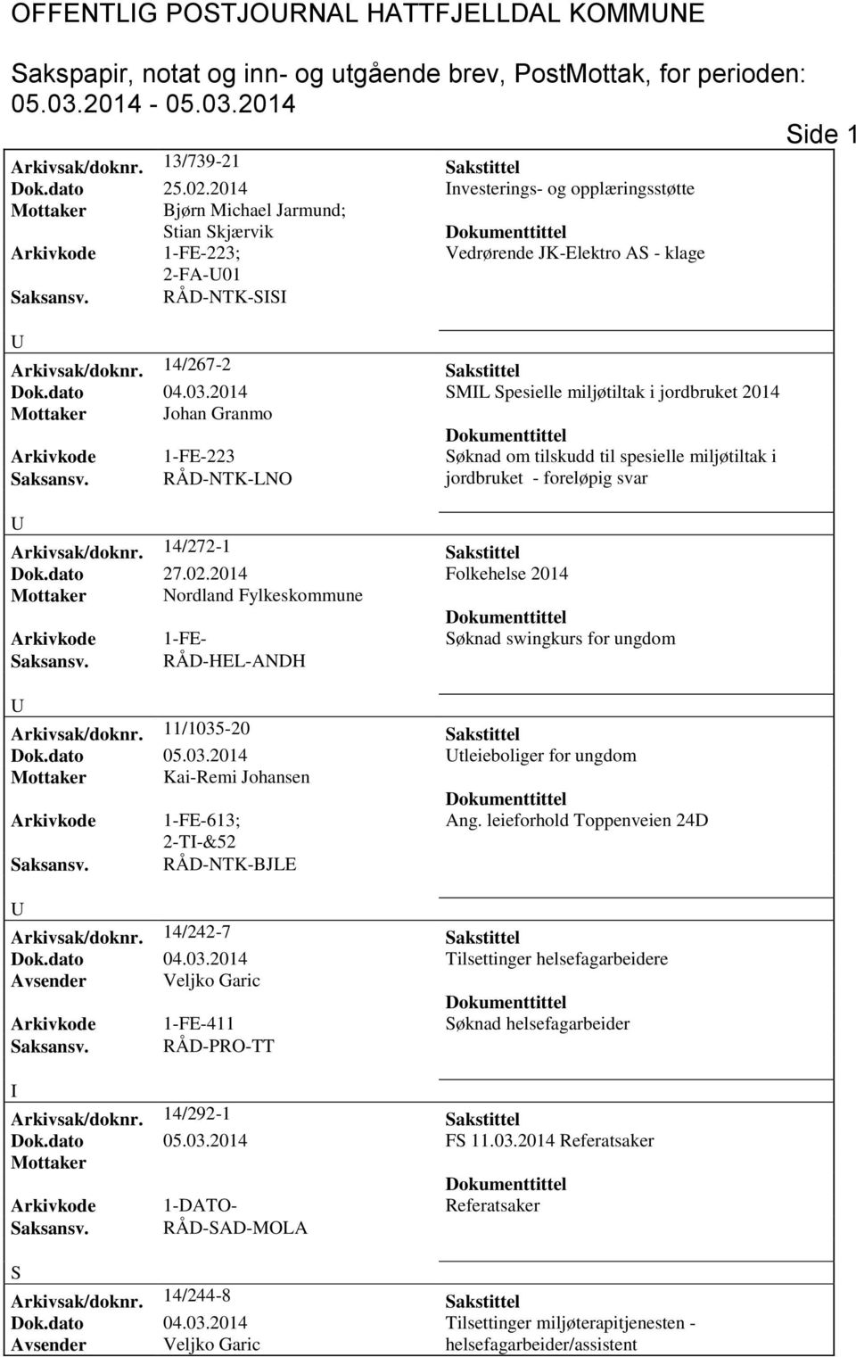 14/267-2 Sakstittel Dok.dato 04.03.2014 SML Spesielle miljøtiltak i jordbruket 2014 Mottaker Johan Granmo Arkivkode 1-FE-223 Søknad om tilskudd til spesielle miljøtiltak i Saksansv.