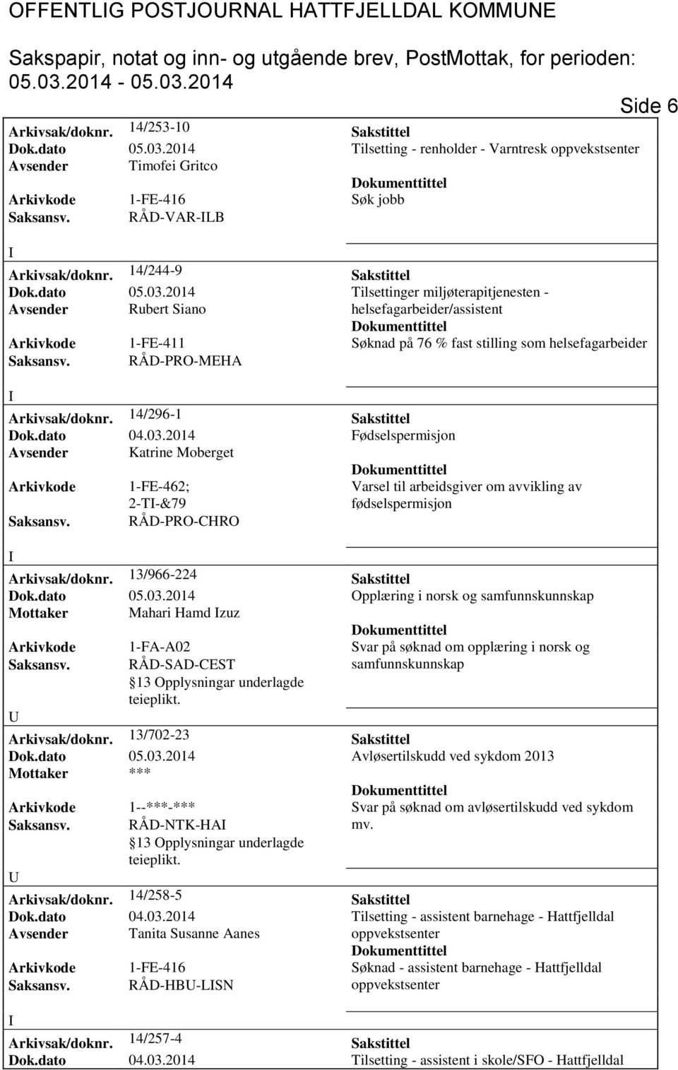 2014 Tilsettinger miljøterapitjenesten - Avsender Rubert Siano Arkivkode 1-FE-411 Søknad på 76 % fast stilling som helsefagarbeider Saksansv. RÅD-PRO-MEHA Arkivsak/doknr. 14/296-1 Sakstittel Dok.