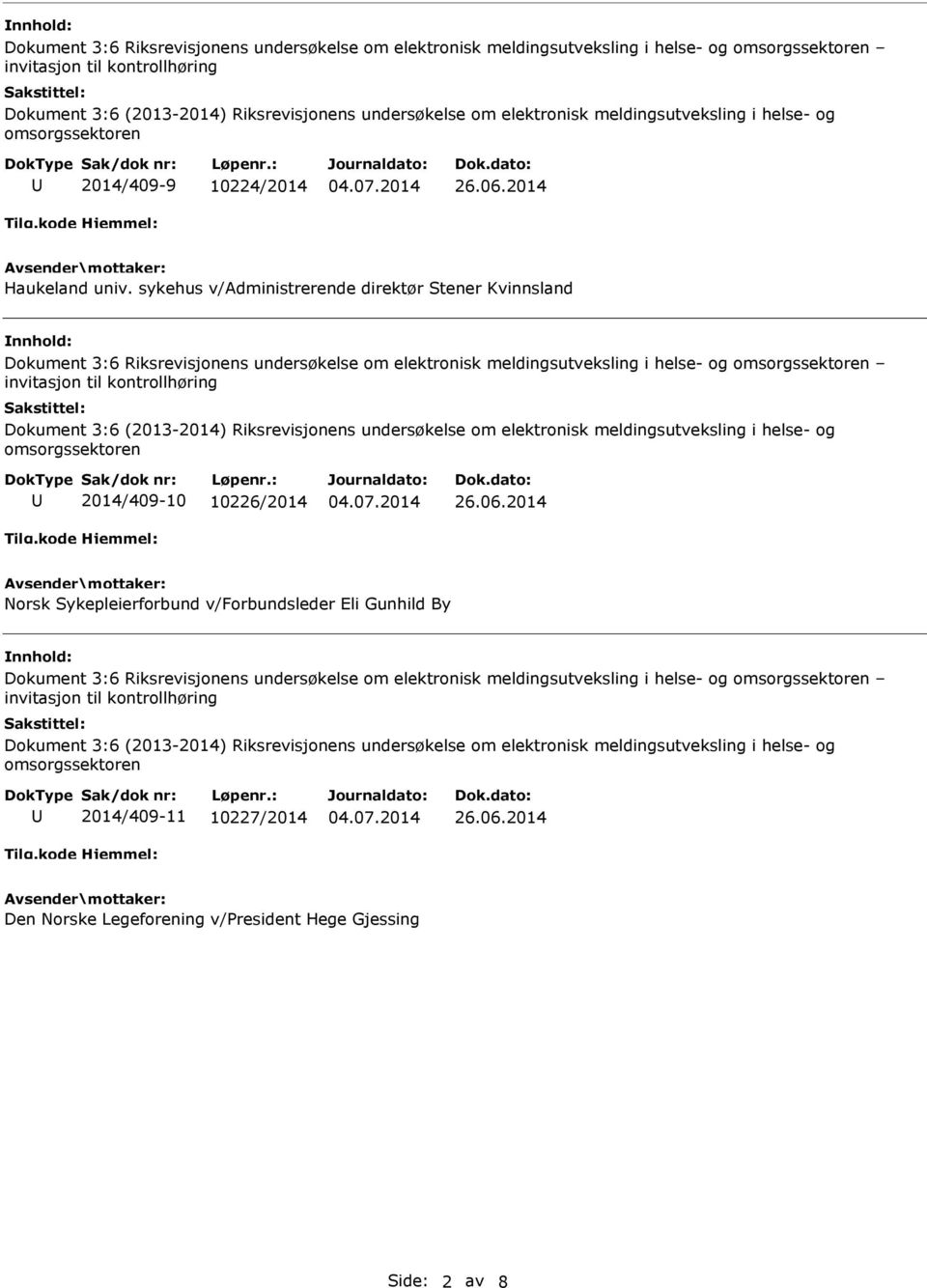 i helse- og 2014/409-10 10226/2014 Norsk Sykepleierforbund v/forbundsleder Eli Gunhild By Dokument 3:6 Riksrevisjonens