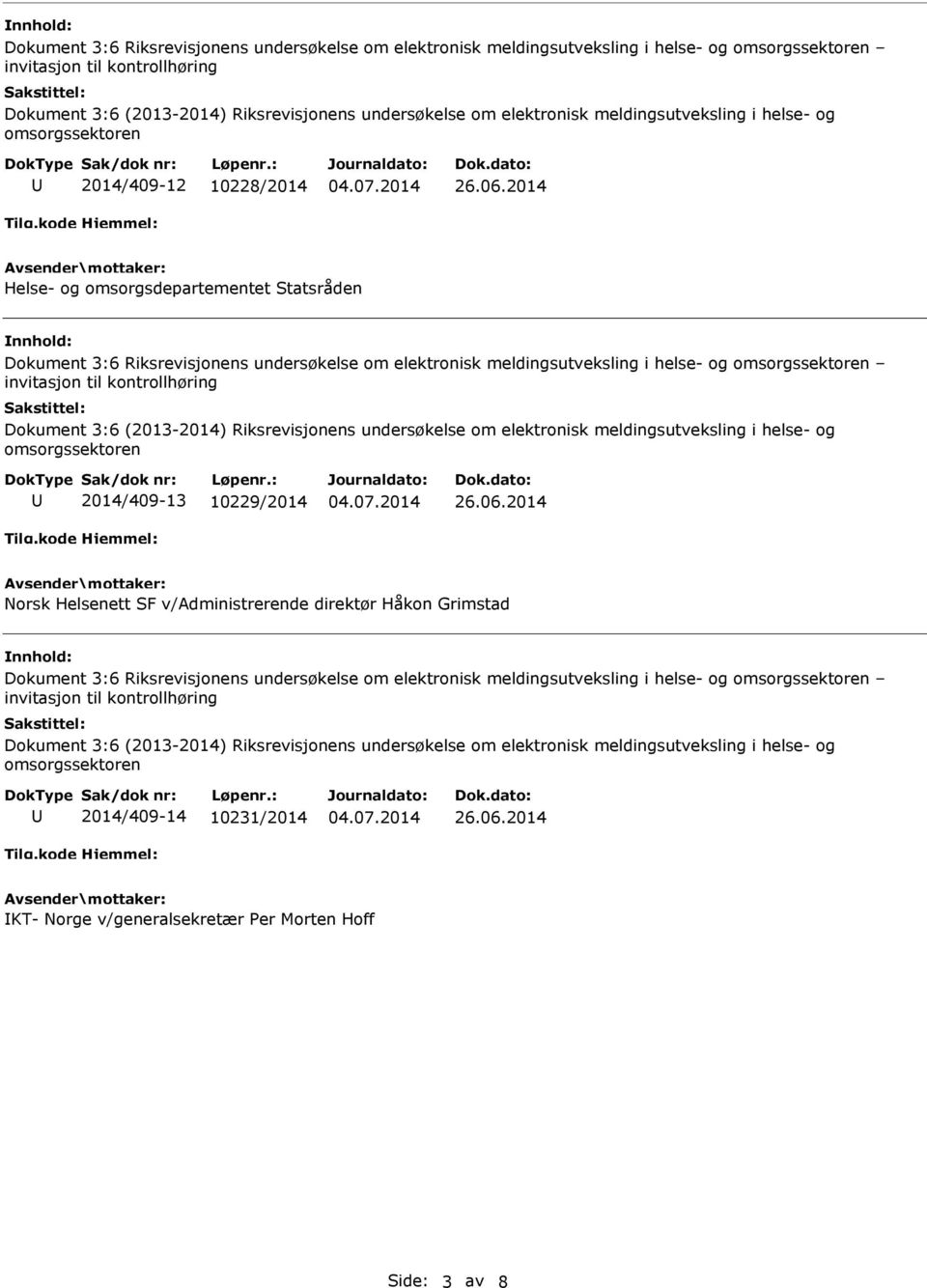 2014/409-13 10229/2014 Norsk Helsenett SF v/administrerende direktør Håkon Grimstad Dokument 3:6 Riksrevisjonens