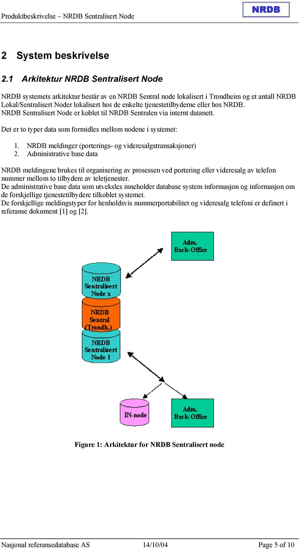 tjenestetilbyderne eller hos NRDB. NRDB Sentralisert Node er koblet til NRDB Sentralen via internt datanett. Det er to typer data som formidles mellom nodene i systemet: 1.