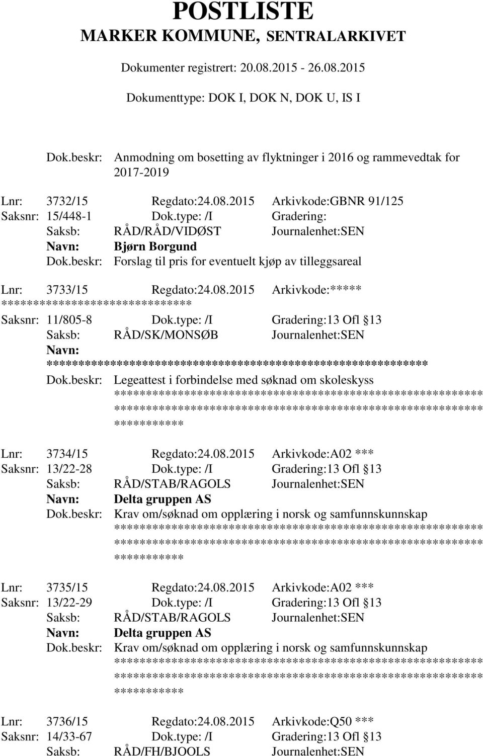 2015 Arkivkode:***** ******** Saksnr: 11/805-8 Dok.type: /I Gradering:13 Ofl 13 Saksb: RÅD/SK/MONSØB Journalenhet:SEN ** Dok.