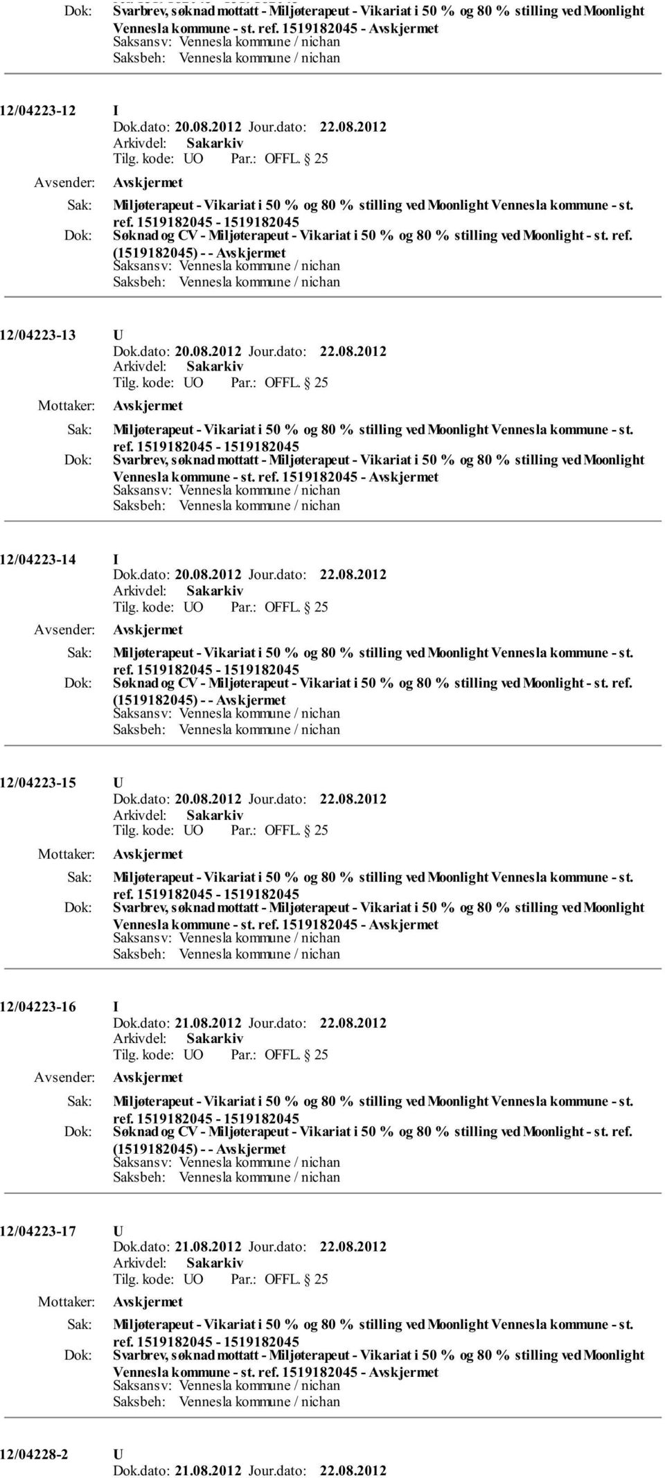 (1519182045) - - 12/04223-13 U Miljøterapeut - Vikariat i 50 % og 80 % stilling ved Moonlight Vennesla kommune - st.