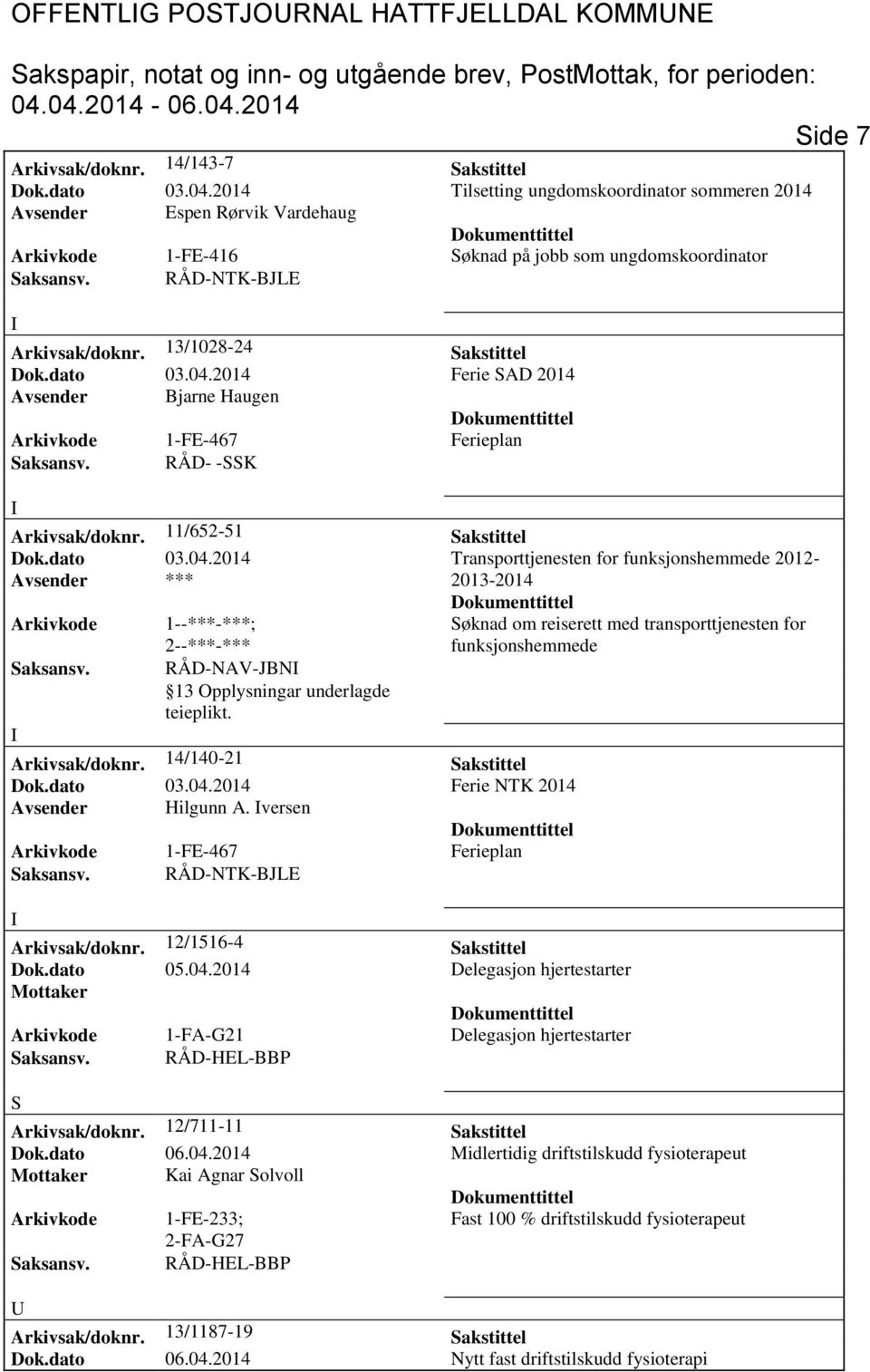 2014 Ferie SAD 2014 Avsender Bjarne Haugen Saksansv. RÅD- -SSK Arkivsak/doknr. 11/652-51 Sakstittel Dok.dato 03.04.