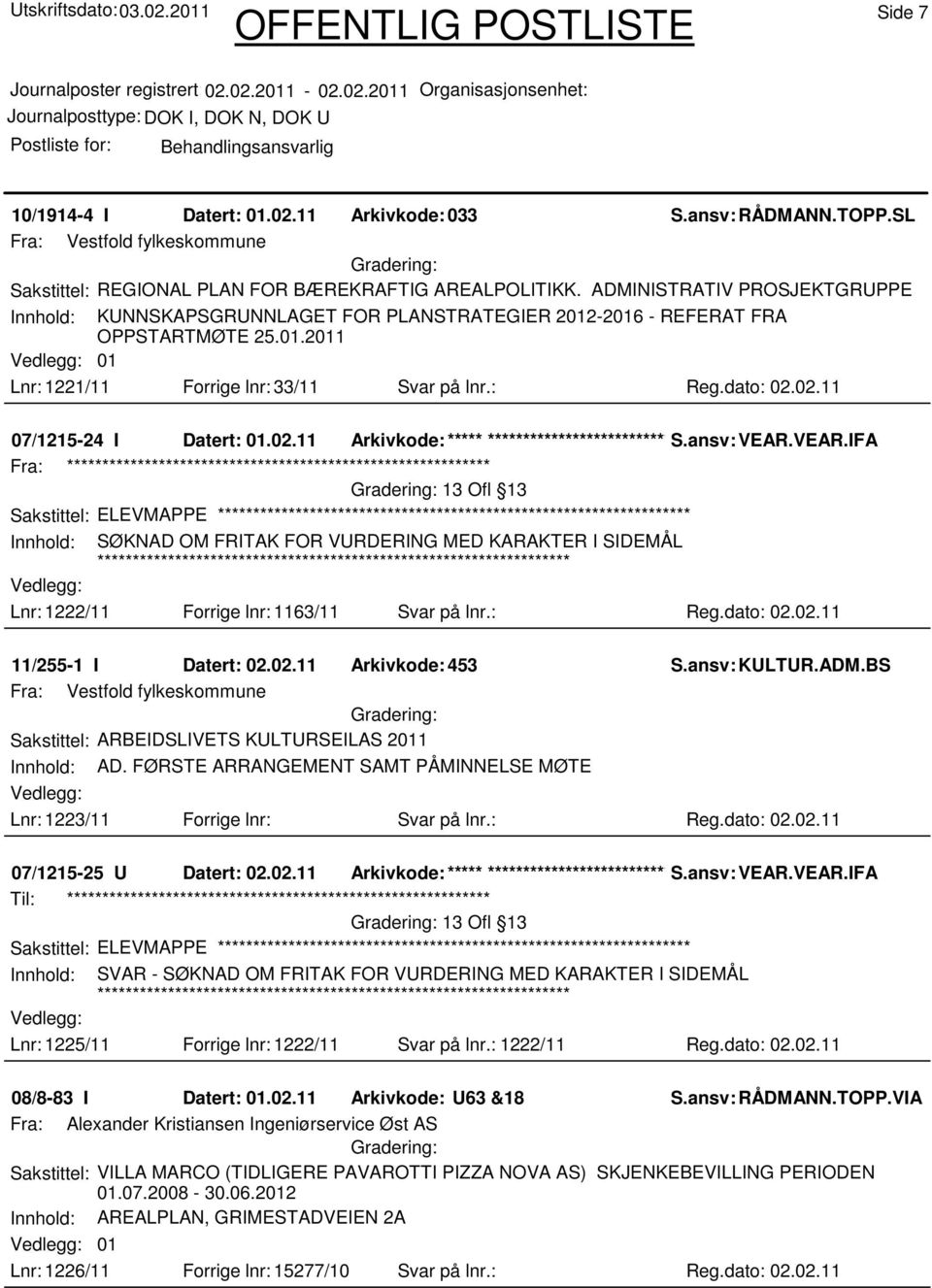 02.11 07/1215-24 I Datert: 01.02.11 Arkivkode:***** ****************************** S.ansv: VEAR.