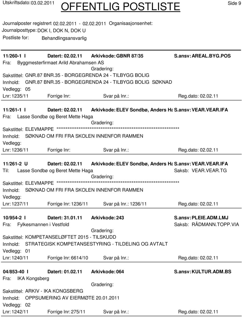 ansv: VEAR.VEAR.IFA Fra: Lasse Sondbø og Beret Mette Haga Sakstittel: ELEVMAPPE Innhold: SØKNAD OM FRI FRA SKOLEN INNENFOR RAMMEN Lnr: 1236/11 Forrige lnr: Svar på lnr.: Reg.dato: 02.