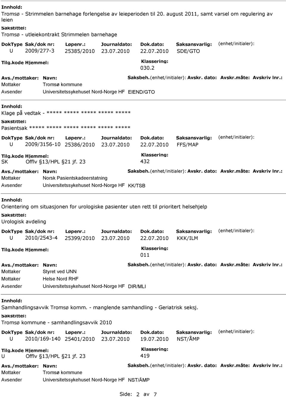 : Mottaker Tromsø kommune niversitetssykehuset Nord-Norge HF EEND/GTO Klage på vedtak - ***** ***** ***** ***** ***** Pasientsak ***** ***** ***** ***** ***** ***** 2009/3156-10 25386/2010 FFS/MAP