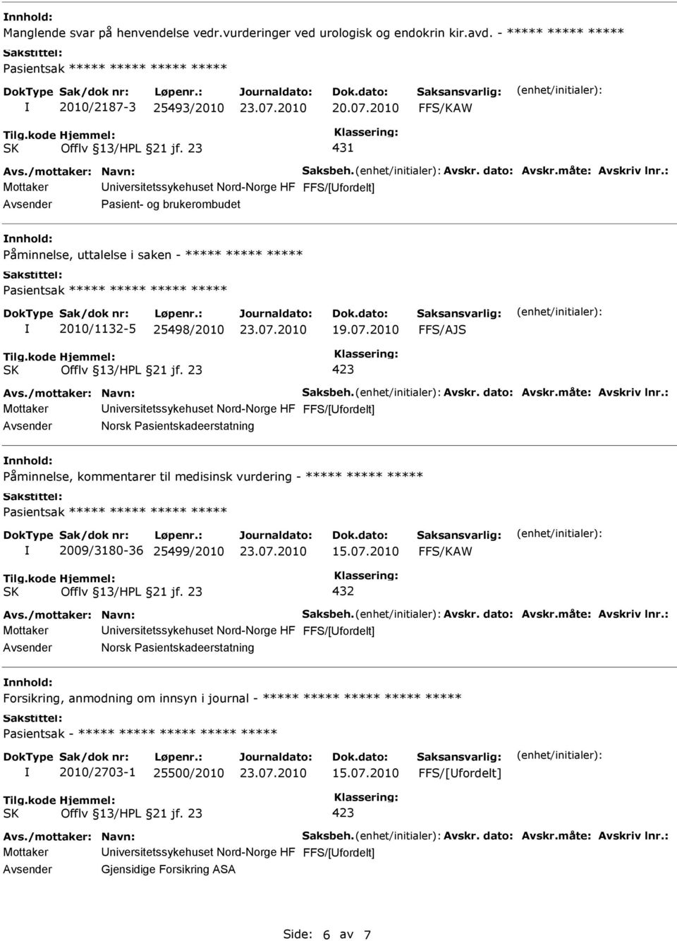 : Pasient- og brukerombudet Påminnelse, uttalelse i saken - ***** ***** ***** Pasientsak ***** ***** ***** ***** 2010/1132-5 25498/2010 FFS/AJS Avs.