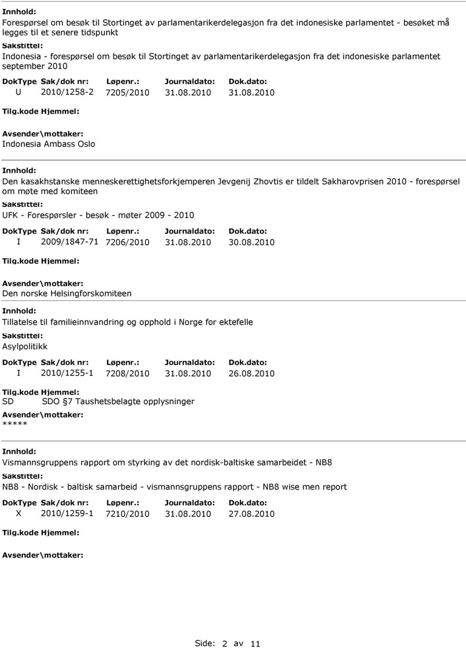 Sakharovprisen 2010 - forespørsel om møte med komiteen FK - Forespørsler - besøk - møter 2009-2010 2009/1847-71 7206/2010 Den norske Helsingforskomiteen Tillatelse til familieinnvandring og opphold i