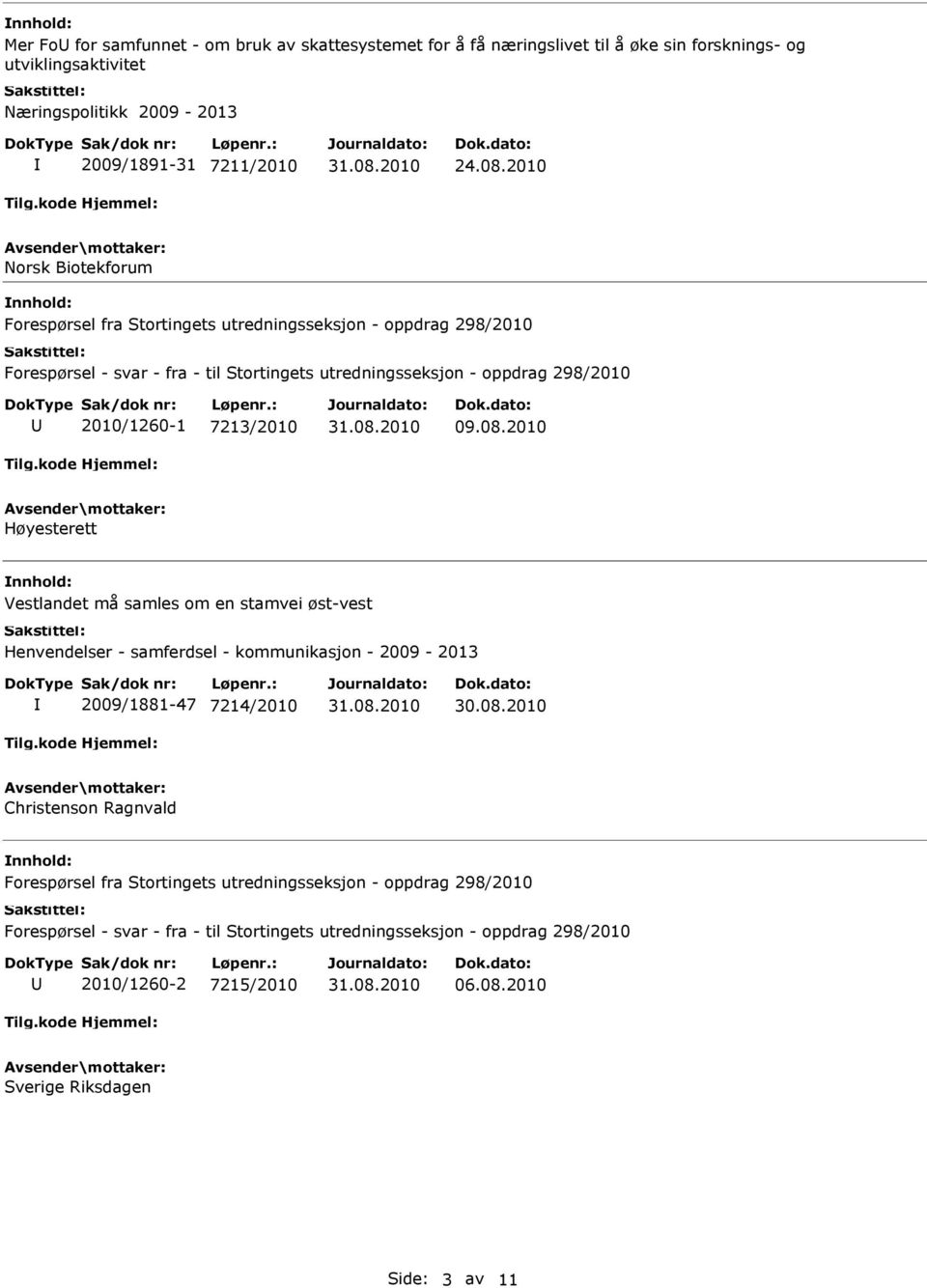 2010 Norsk Biotekforum Forespørsel fra Stortingets utredningsseksjon - oppdrag 298/2010 2010/1260-1 7213/2010 09.08.