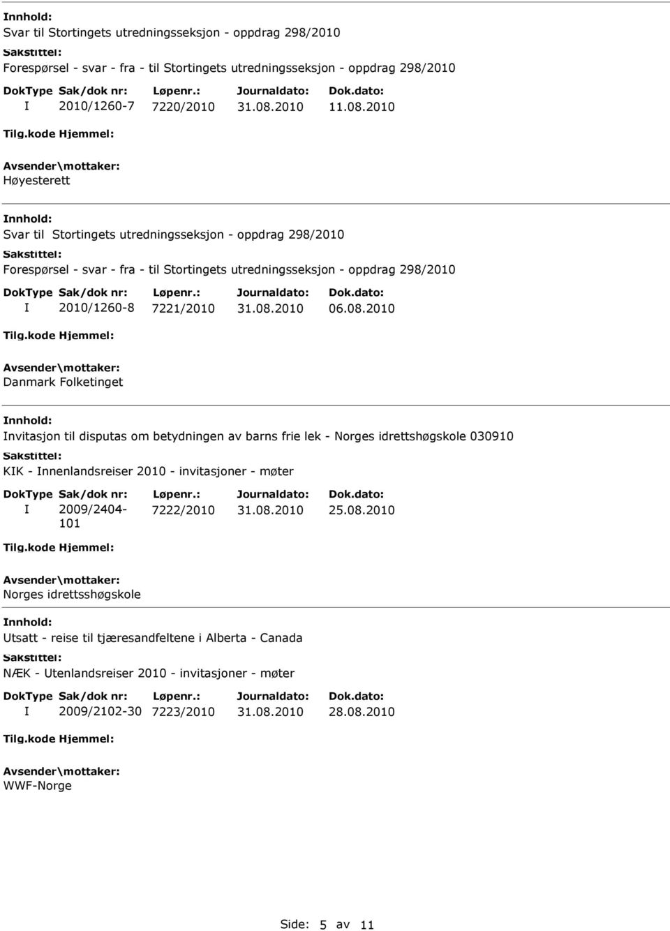 2010 Danmark Folketinget nvitasjon til disputas om betydningen av barns frie lek - Norges idrettshøgskole 030910 KK - nnenlandsreiser 2010