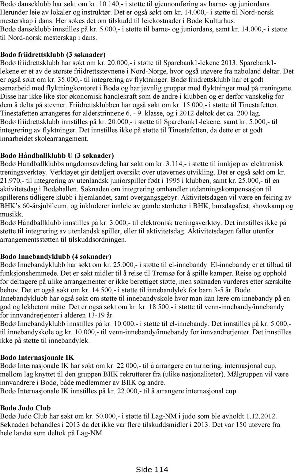 000,- i støtte til Nord-norsk mesterskap i dans. Bodø friidrettsklubb (3 søknader) Bodø friidrettsklubb har søkt om kr. 20.000,- i støtte til Sparebank1-lekene 2013.