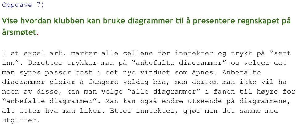 Deretter trykker man på anbefalte diagrammer og velger det man synes passer best i det nye vinduet som åpnes.