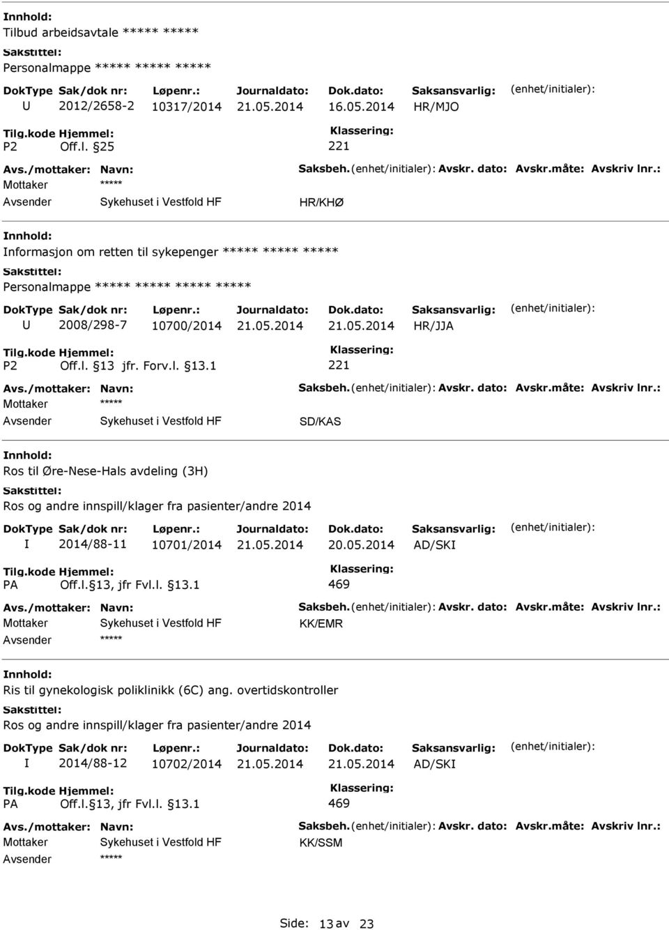 : SD/KAS Ros til Øre-Nese-Hals avdeling (3H) Ros og andre innspill/klager fra pasienter/andre 2014 2014/88-11 10701/2014 20.05.2014 AD/SK 469 Avs.