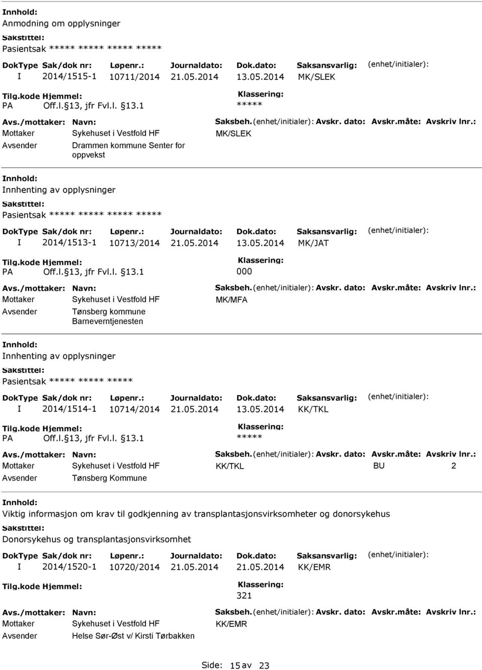 måte: Avskriv lnr.: Mottaker MK/MFA Tønsberg kommune Barneverntjenesten nnhenting av opplysninger Pasientsak 2014/1514-1 10714/2014 13.05.2014 Avs./mottaker: Navn: Saksbeh. Avskr. dato: Avskr.