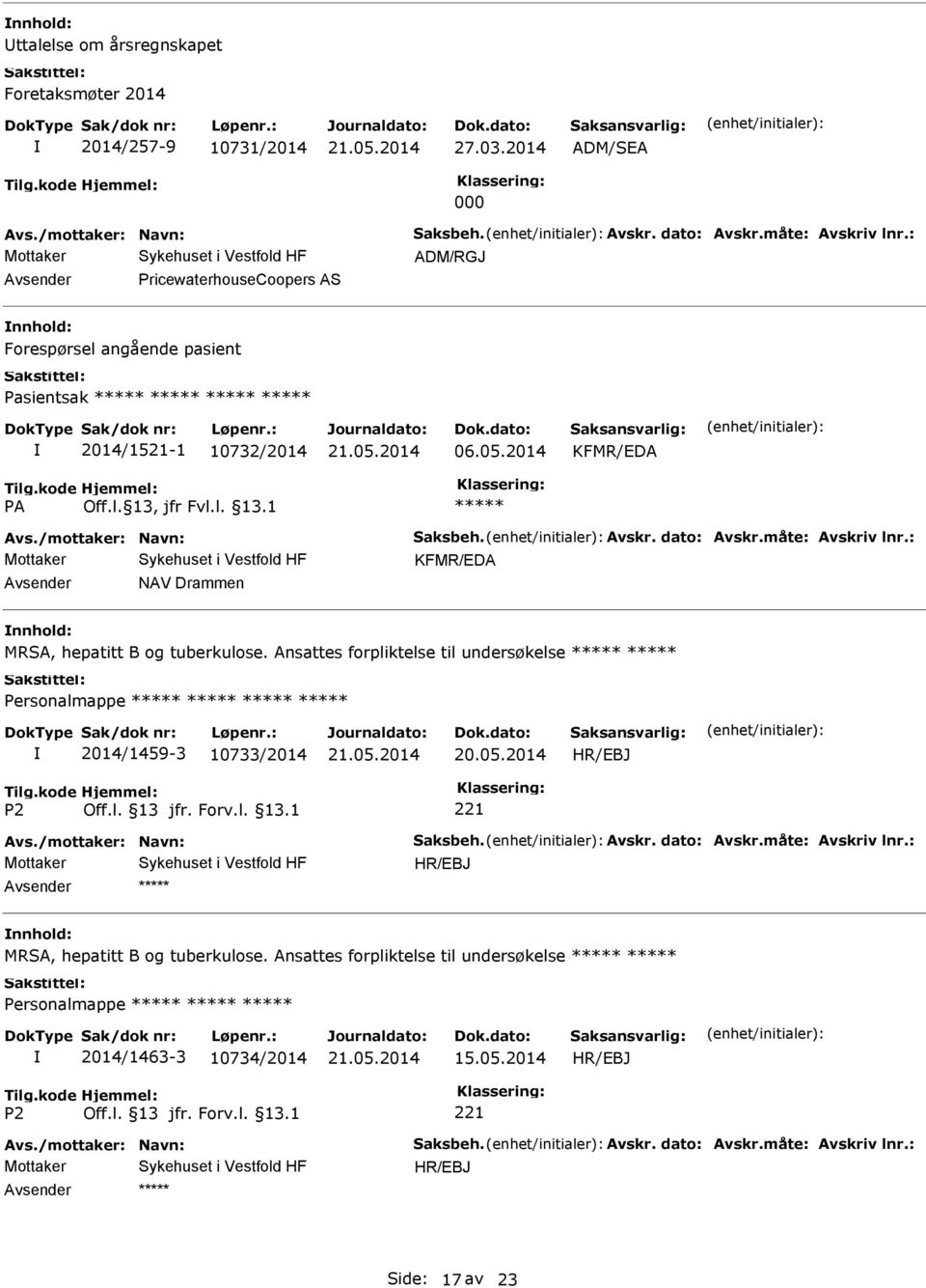 måte: Avskriv lnr.: Mottaker KFMR/EDA NAV Drammen MRSA, hepatitt B og tuberkulose. Ansattes forpliktelse til undersøkelse 2014/1459-3 10733/2014 20.05.2014 Avs./mottaker: Navn: Saksbeh. Avskr. dato: Avskr.