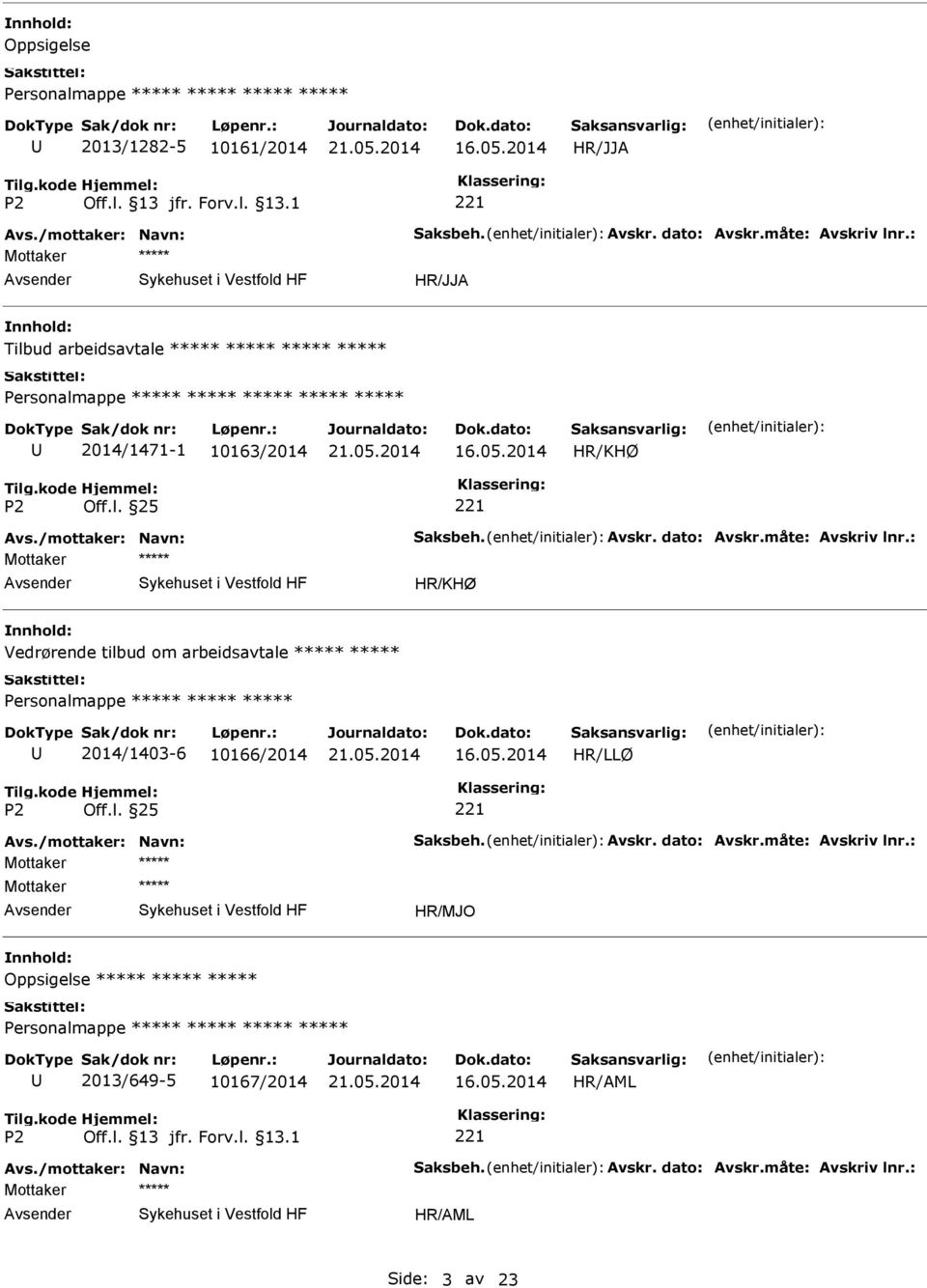 : Vedrørende tilbud om arbeidsavtale 2014/1403-6 10166/2014 HR/LLØ Avs./mottaker: Navn: Saksbeh. Avskr. dato: Avskr.