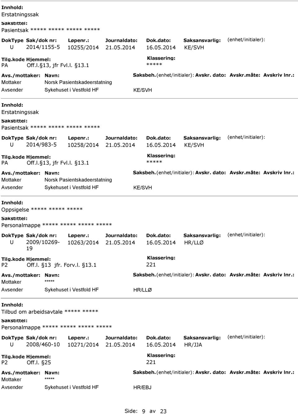 måte: Avskriv lnr.: Mottaker Norsk Pasientskadeerstatning Oppsigelse Sak/dok nr: 2009/10269-19 Løpenr.: 10263/2014 HR/LLØ Avs.