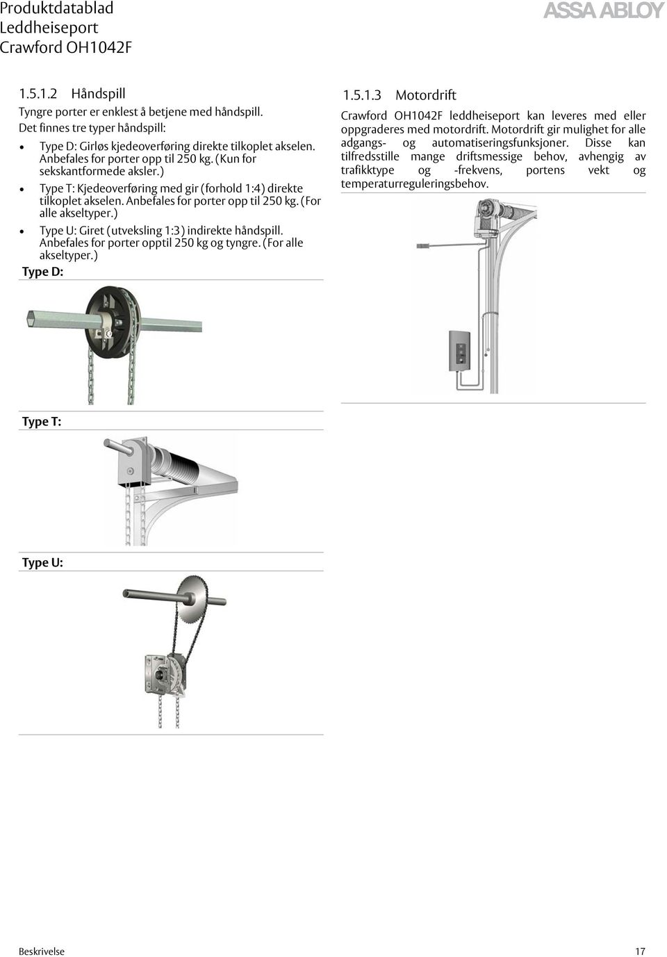 ) Type U: Giret (utveksling 1:3) indirekte håndspill. Anbefales for porter opptil 250 kg og tyngre. (For alle akseltyper.) Type D: 1.5.1.3 Motordrift leddheiseport kan leveres med eller oppgraderes med motordrift.