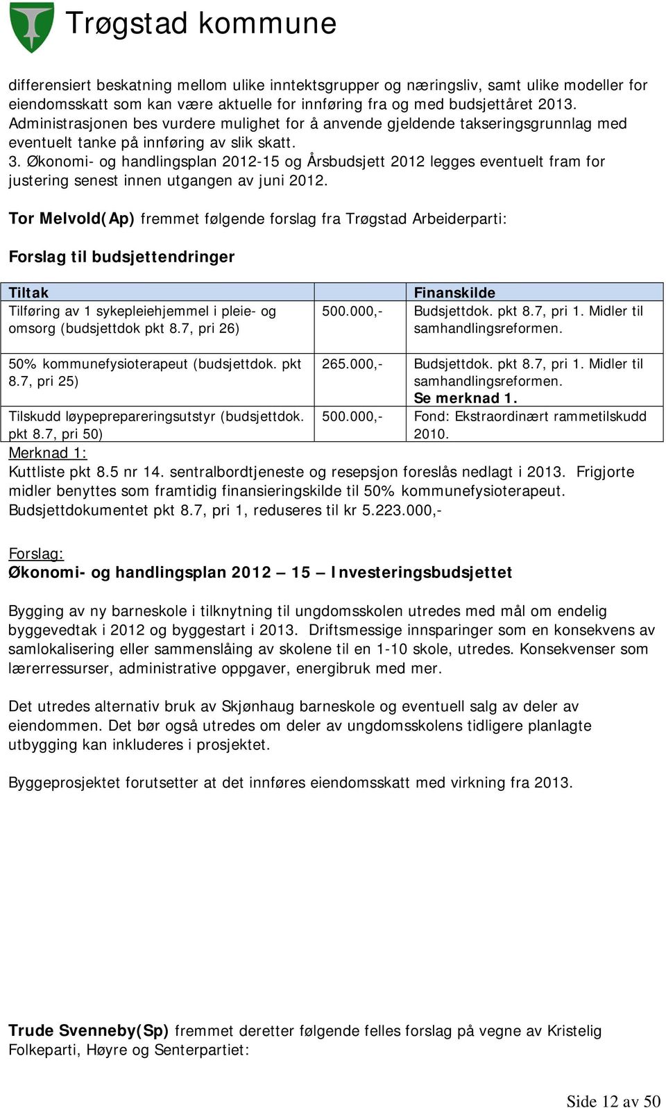 Økonomi- og handlingsplan 2012-15 og Årsbudsjett 2012 legges eventuelt fram for justering senest innen utgangen av juni 2012.