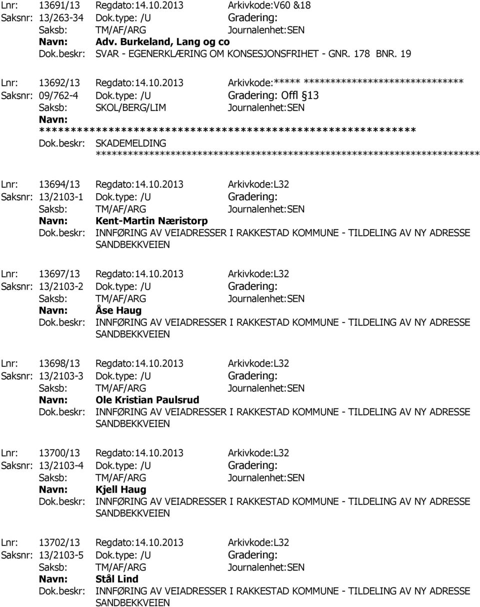 beskr: SKADEMELDING Lnr: 13694/13 Regdato:14.10.2013 Arkivkode:L32 Saksnr: 13/2103-1 Dok.type: /U Gradering: Kent-Martin Næristorp SANDBEKKVEIEN Lnr: 13697/13 Regdato:14.10.2013 Arkivkode:L32 Saksnr: 13/2103-2 Dok.