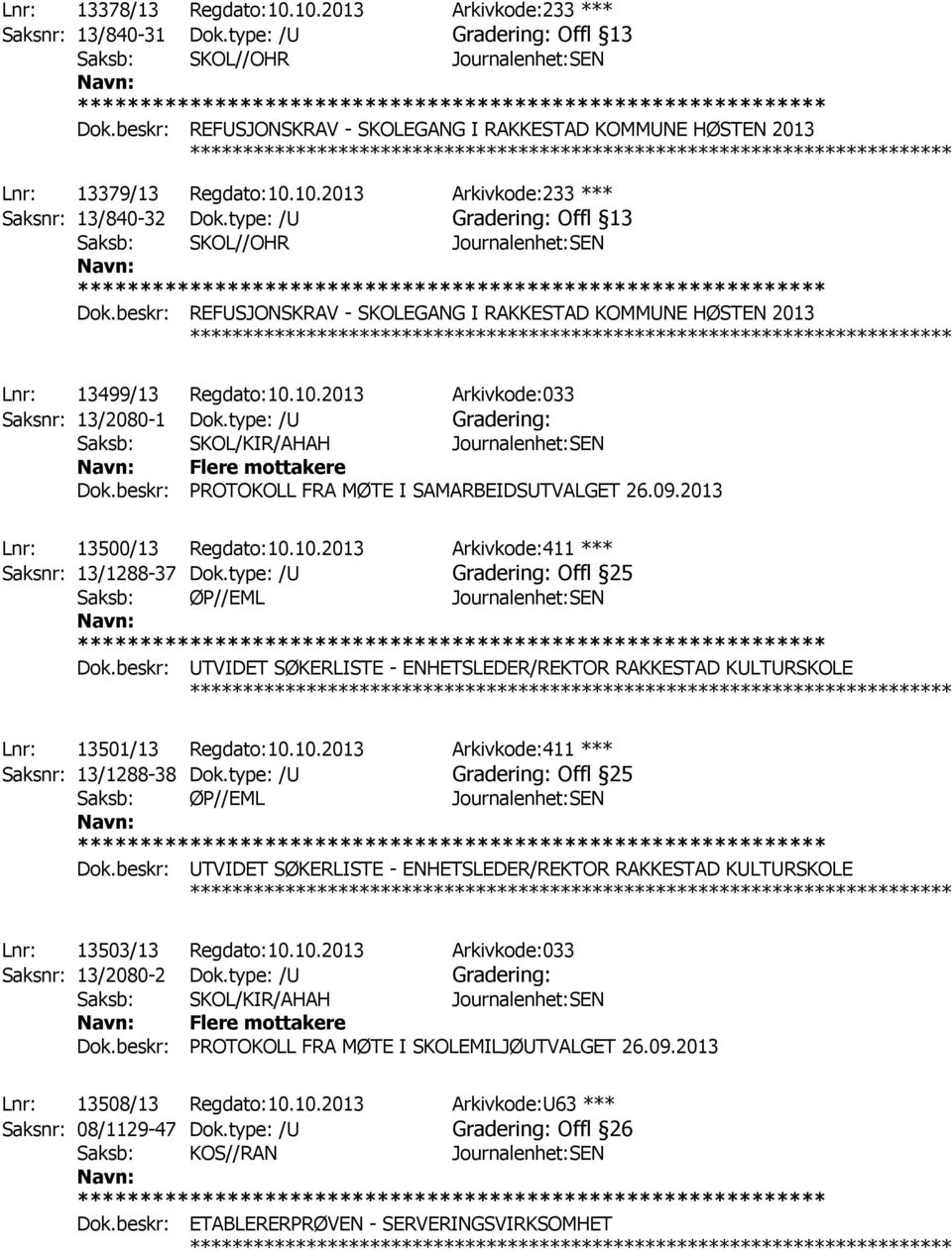 beskr: PROTOKOLL FRA MØTE I SAMARBEIDSUTVALGET 26.09.2013 ************ Lnr: 13500/13 Regdato:10.10.2013 Arkivkode:411 *** Saksnr: 13/1288-37 Dok.