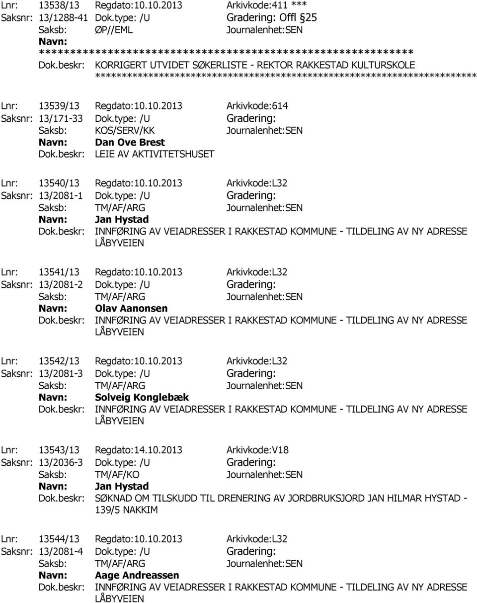 type: /U Gradering: Saksb: KOS/SERV/KK Journalenhet:SEN Dan Ove Brest Dok.beskr: LEIE AV AKTIVITETSHUSET Lnr: 13540/13 Regdato:10.10.2013 Arkivkode:L32 Saksnr: 13/2081-1 Dok.