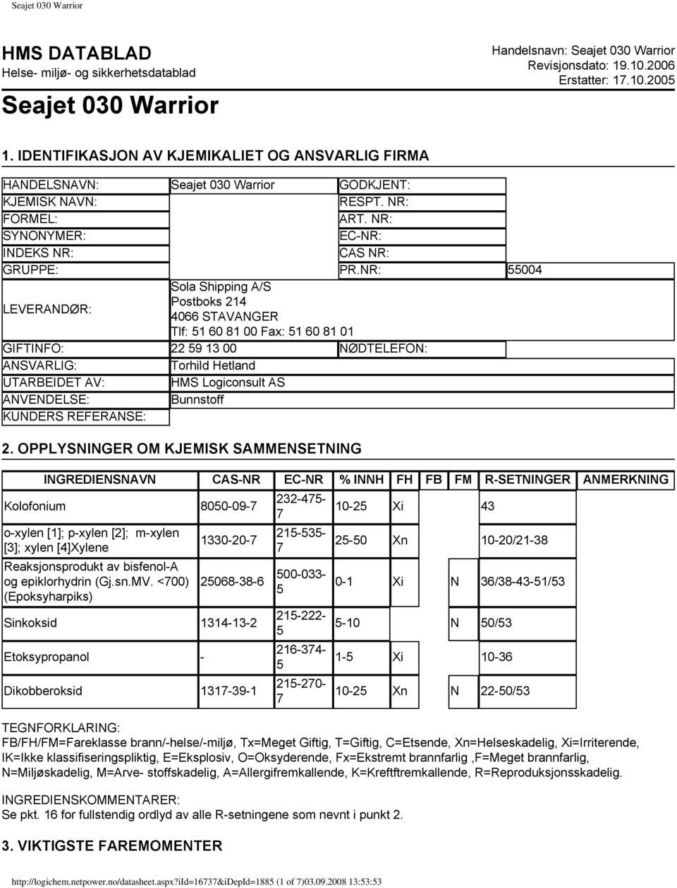 NR: 55004 Sola Shipping A/S LEVERANDØR: Postboks 214 4066 STAVANGER Tlf: 51 60 81 00 Fax: 51 60 81 01 GIFTINFO: 22 59 13 00 NØDTELEFON: ANSVARLIG: Torhild Hetland UTARBEIDET AV: HMS Logiconsult AS