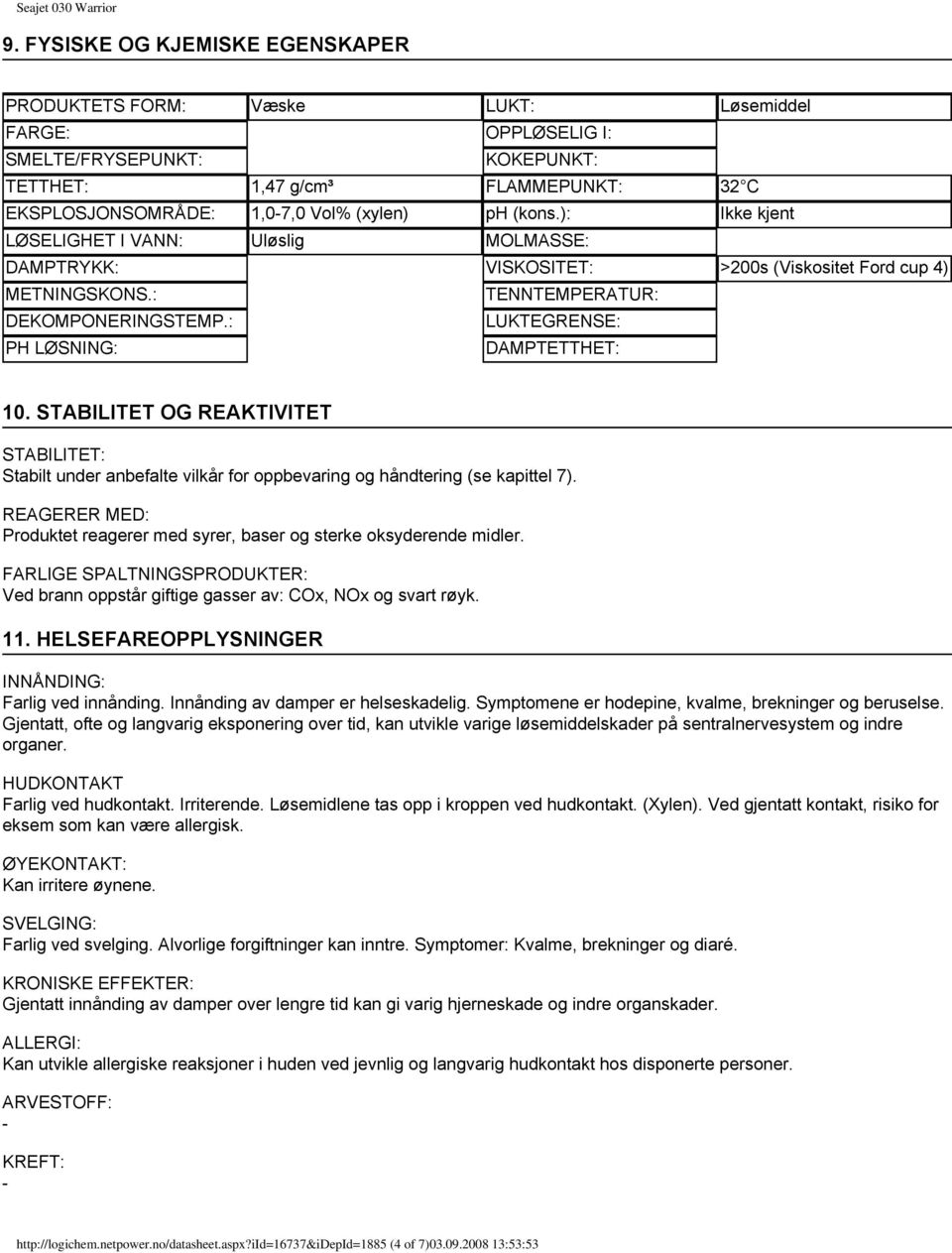 : LUKTEGRENSE: PH LØSNING: DAMPTETTHET: 10. STABILITET OG REAKTIVITET STABILITET: Stabilt under anbefalte vilkår for oppbevaring og håndtering (se kapittel 7).
