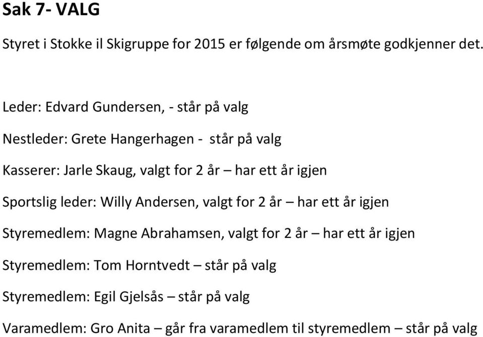 ett år igjen Sportslig leder: Willy Andersen, valgt for 2 år har ett år igjen Styremedlem: Magne Abrahamsen, valgt for 2 år