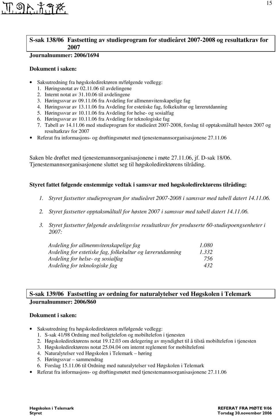 11.06 fra Avdeling for helse- og sosialfag 6. Høringssvar av 10.11.06 fra Avdeling for teknologiske fag 7. Tabell av 14.11.06 med studieprogram for studieåret 2007-2008, forslag til opptaksmåltall høsten 2007 og resultatkrav for 2007 Saken ble drøftet med tjenestemannsorganisasjonene i møte 27.