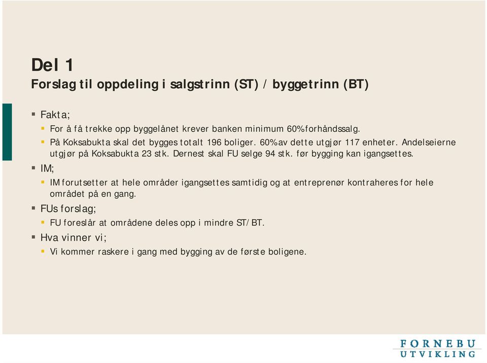 Dernest skal FU selge 94 stk. før bygging kan igangsettes.