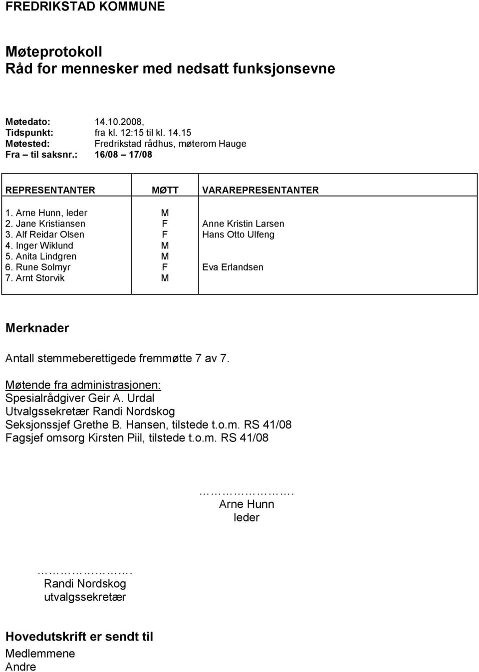 Arnt Storvik Anne Kristin Larsen Hans Otto Ulfeng Eva Erlandsen erknader Antall stemmeberettigede fremmøtte 7 av 7. øtende fra administrasjonen: Spesialrådgiver Geir A.