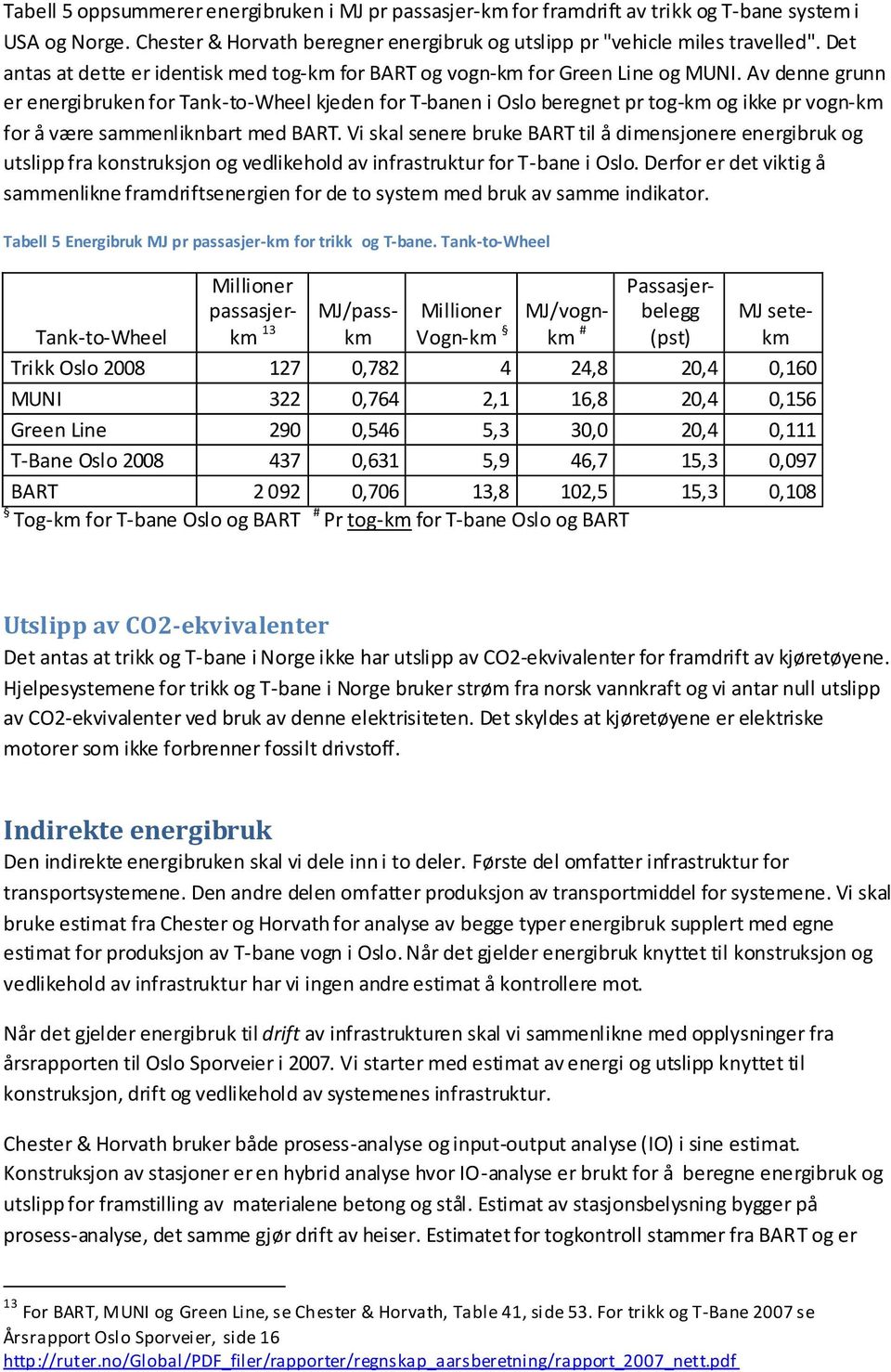 Av denne grunn er energibruken for Tank-to-Wheel kjeden for T-banen i Oslo beregnet pr tog-km og ikke pr vogn-km for å være sammenliknbart med BART.