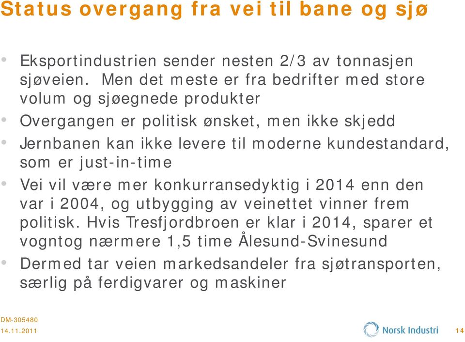 moderne kundestandard, som er just-in-time Vei vil være mer konkurransedyktig i 2014 enn den var i 2004, og utbygging av veinettet vinner frem