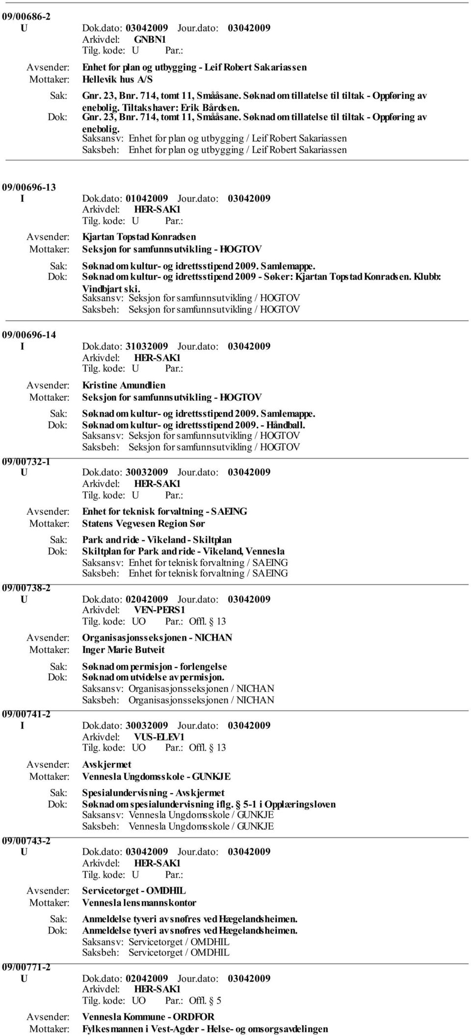 Saksansv: Enhet for plan og utbygging / Leif Robert Sakariassen Saksbeh: Enhet for plan og utbygging / Leif Robert Sakariassen 09/00696-13 I Dok.dato: 01042009 Jour.