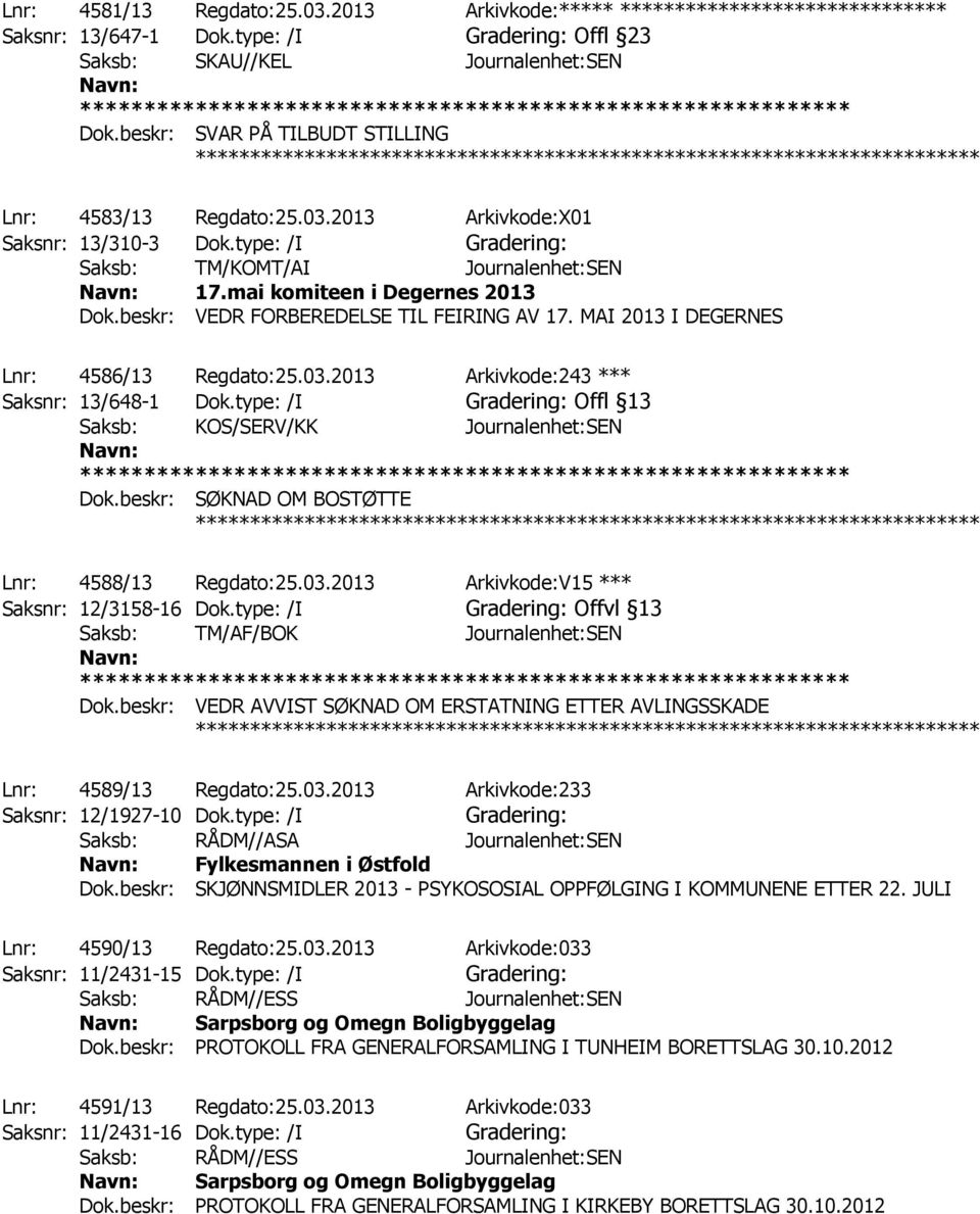 MAI 2013 I DEGERNES ************ Lnr: 4586/13 Regdato:25.03.2013 Arkivkode:243 *** Saksnr: 13/648-1 Dok.type: /I Gradering: Offl 13 Saksb: KOS/SERV/KK Journalenhet:SEN Dok.