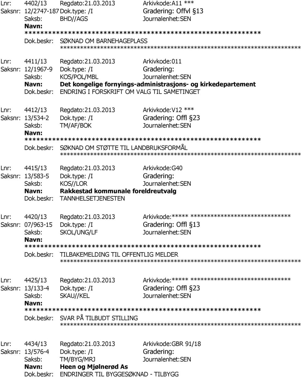 beskr: ENDRING I FORSKRIFT OM VALG TIL SAMETINGET ************ Lnr: 4412/13 Regdato:21.03.2013 Arkivkode:V12 *** Saksnr: 13/534-2 Dok.type: /I Gradering: Offl 23 Dok.