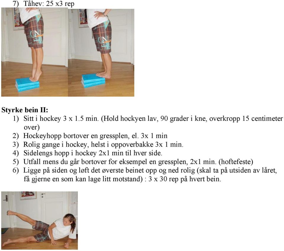 3x 1 min 3) Rolig gange i hockey, helst i oppoverbakke 3x 1 min. 4) Sidelengs hopp i hockey 2x1 min til hver side.