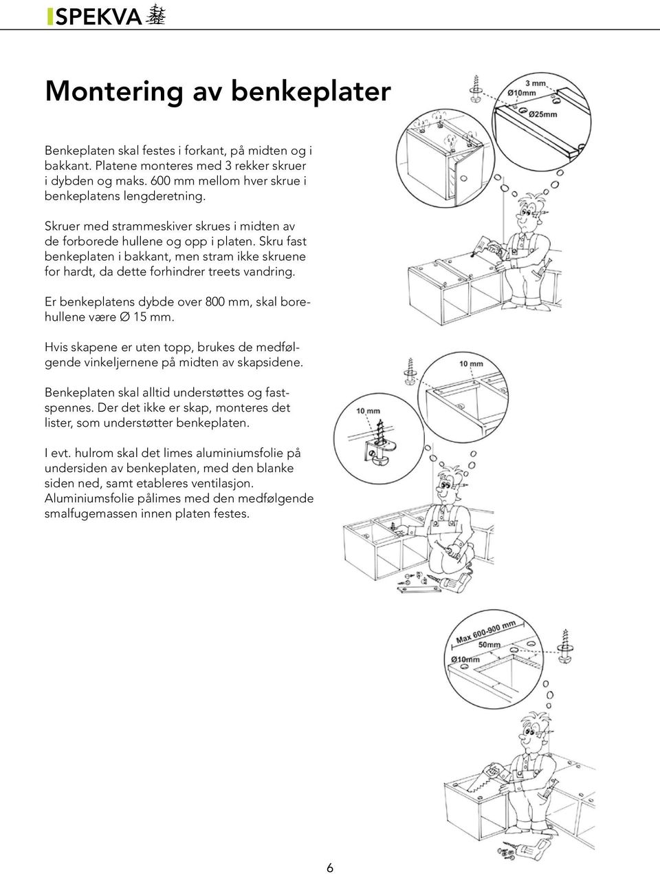 Er benkeplatens dybde over 800 mm, skal borehullene være Ø 15 mm. Hvis skapene er uten topp, brukes de medfølgende vinkeljernene på midten av skapsidene.