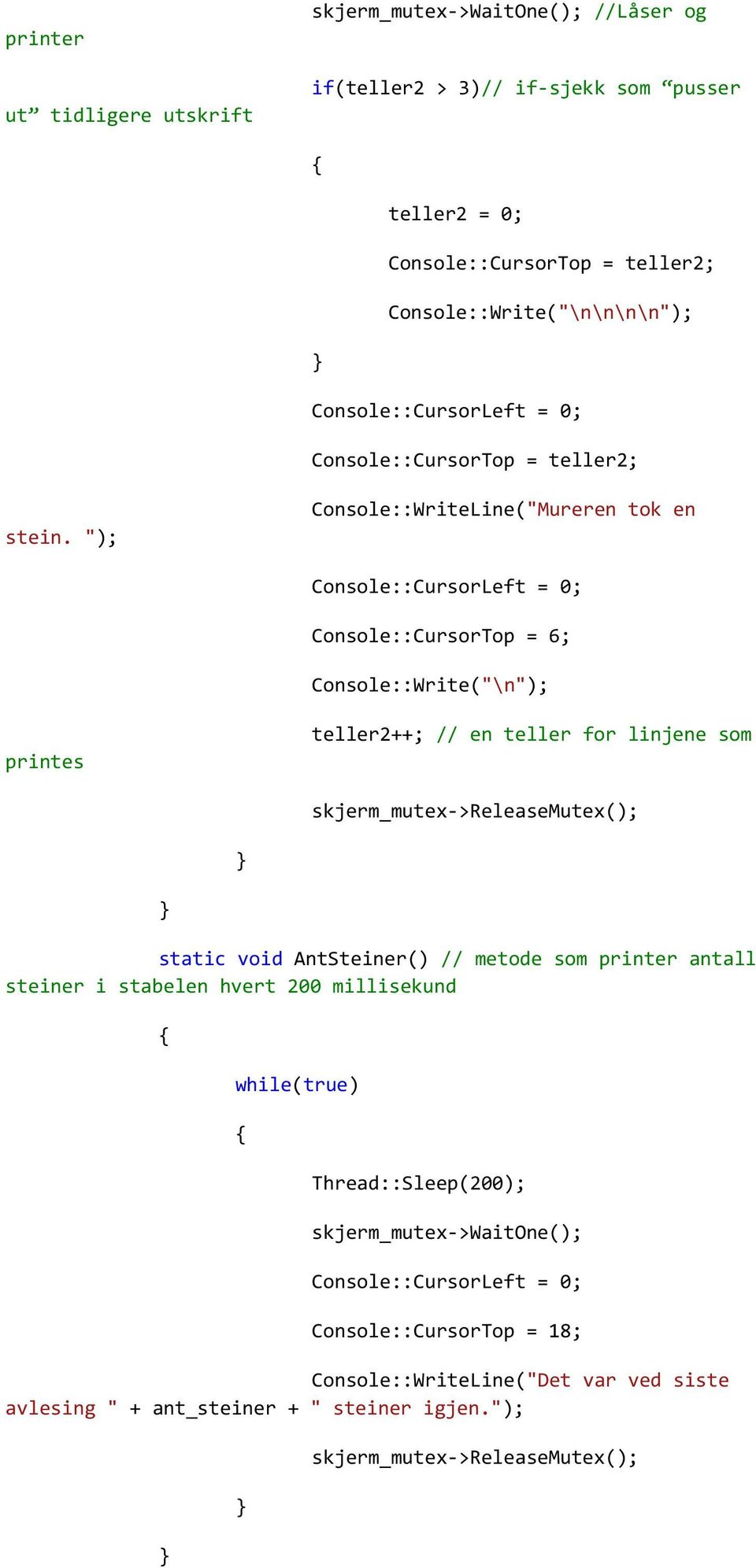 "); Console::WriteLine("Mureren tok en Console::CursorTop = 6; Console::Write("\n"); printes teller2++; // en teller for linjene som skjerm_mutex->releasemutex();
