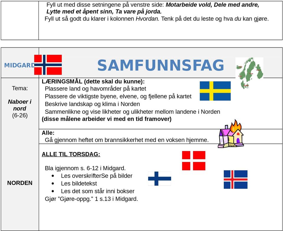 MIDGARD Naboer i nord (6-26) SAMFUNNSFAG Plassere land og havområder på kartet Plassere de viktigste byene, elvene, og fjellene på kartet Beskrive landskap og klima i Norden