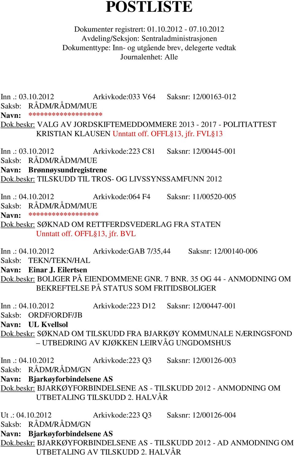 beskr: SØKNAD OM RETTFERDSVEDERLAG FRA STATEN Unntatt off. OFFL 13, jfr. BVL Inn.: 04.10.2012 Arkivkode:GAB 7/35,44 Saksnr: 12/00140-006 Navn: Einar J. Eilertsen Dok.beskr: BOLIGER PÅ EIENDOMMENE GNR.