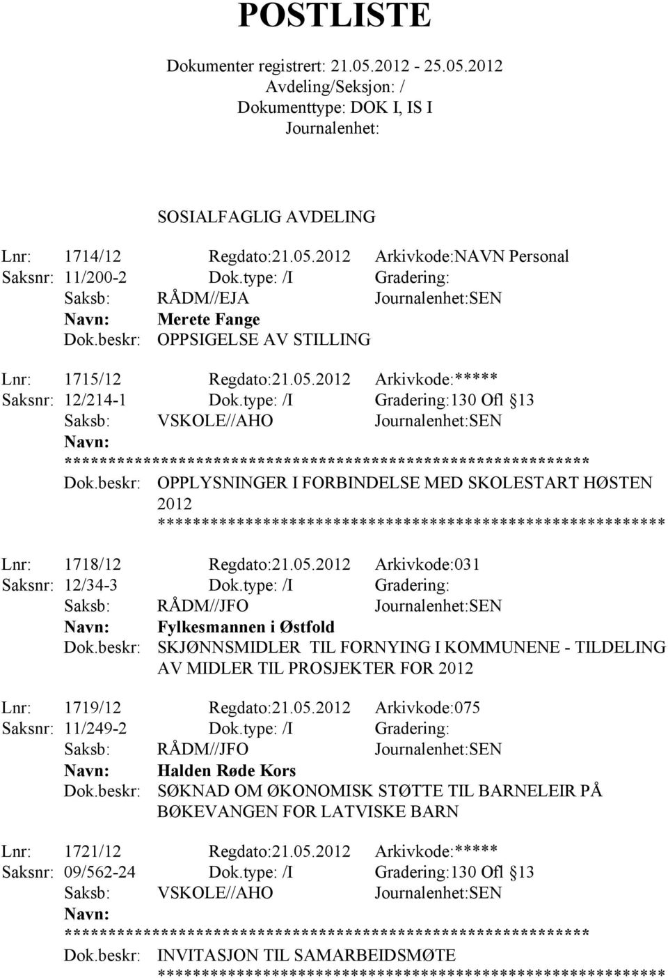 type: /I Gradering: Saksb: RÅDM//JFO SEN SKJØNNSMIDLER TIL FORNYING I KOMMUNENE - TILDELING AV MIDLER TIL PROSJEKTER FOR 2012 Lnr: 1719/12 Regdato:21.05.2012 Arkivkode:075 Saksnr: 11/249-2 Dok.