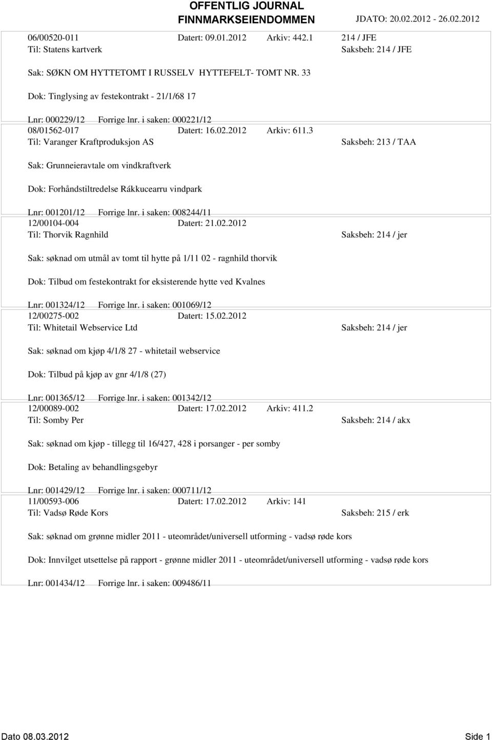 3 Til: Varanger Kraftproduksjon AS Saksbeh: 213 / TAA Sak: Grunneieravtale om vindkraftverk Dok: Forhåndstiltredelse Rákkucearru vindpark Lnr: 001201/12 Forrige lnr.